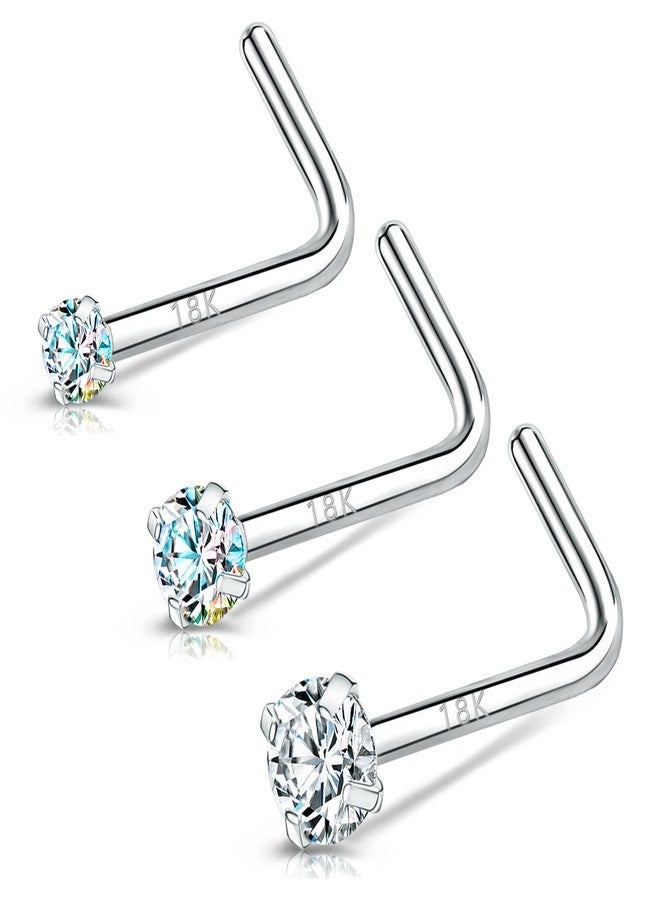 حلقات أنف من الذهب الأبيض عيار 18 قيراطًا من BodyAce للنساء والرجال، 20 غرامًا من حلقات الأنف الصلبة الحقيقية عيار 18 قيراطًا، مجوهرات ثقب الأنف من الماس الصناعي 1.5 مم 2 مم 3 مم (على شكل حرف A أو L) - Image 1